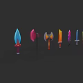 Colorful 3D Rendered Weapons Swords Axes Hammers Arranged On Black Background