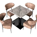 Modern Square Dining Table Set With Gray Marble Top Brown Upholstered Chairs Black Metal Legs