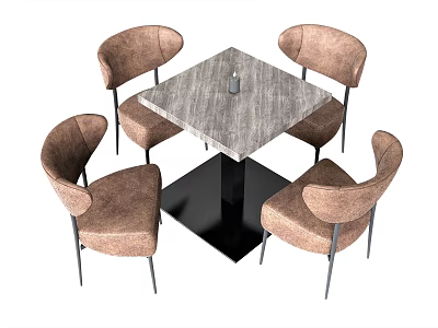 Modern Square Dining Table Set With Gray Marble Top Brown Upholstered Chairs Black Metal Legs 3d model