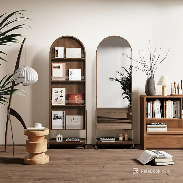Arched Mirror In Modern Living Room With Wooden Bookshelf Green Plants And Decor 3d model 