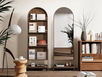 Arched Mirror In Modern Living Room With Wooden Bookshelf Green Plants And Decor 3d model