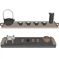 Elegant Tea Set With Black Brown Teapot Teacups And Wooden Stone Trays
