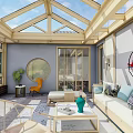 Sunroom Style Villa Balcony Featuring Glass Roof Transparent Walls And Green Plants