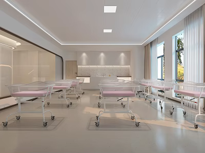 Medical Room Spacious White Interior With Multiple Mobile Beds On Wheels Near Windows 3d model