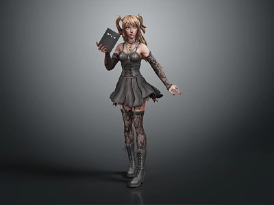 Anime Style Female Character In Creature Inspired Gothic Dress With Lace Stockings Holding Leather Book 3d model