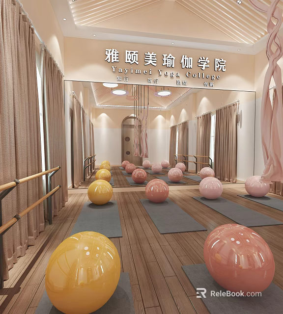 Yoga Studio Fitness Practice With Yoga Mats Exercise Balls And Barres 3d model 