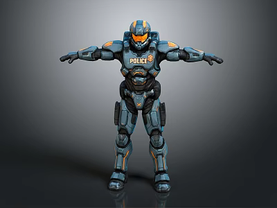 Police Mech With Blue Orange Armor POLICE Logo Arms Outstretched Standing 3d model