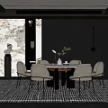 Modern Restaurant Interior with Dark Design Marble Wall Recessed Lighting Dining Table Chairs and Green Plant