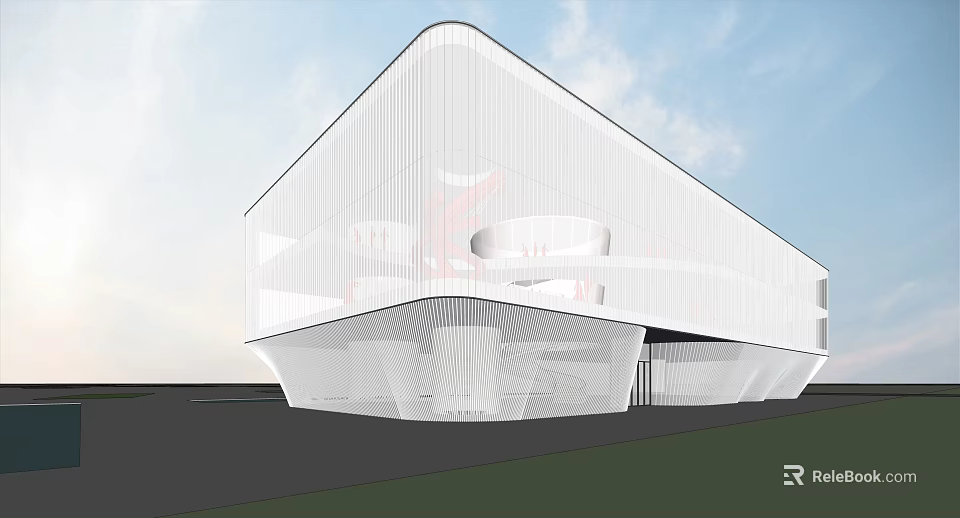 Modern Sales Office Building with White Facade Geometric Shape Glass Curtain Wall and Streamlined Design 3d model 
