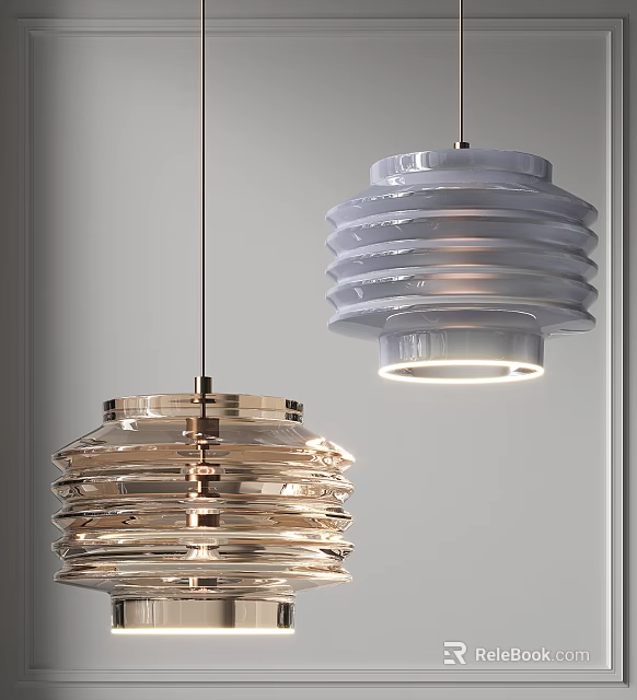 Two Modern Layered Pendant Lights With Ribbed Glass Design And Metallic Finishes For Interior 3d model 