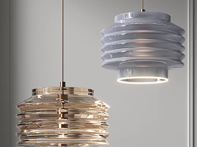Two Modern Layered Pendant Lights With Ribbed Glass Design And Metallic Finishes For Interior 3d model