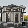 Elegant Detached Two Story Villa Featuring Large Windows Stone Lions And Balcony