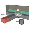 Gray Sofa With Blue Cushions And White Round Coffee Table Set With Ottoman Stools 3d model