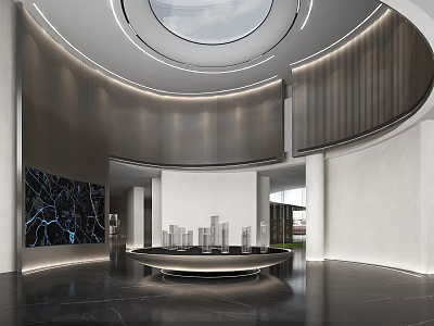 Modern Sales Office Interior With Round Skylight Curved Walls Marble Decor And Display Models 3d model