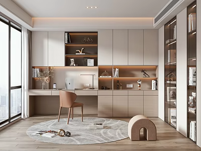 Modern Study Room Interior With Wooden Desk Chair Bookshelves And Large Windows 3d model