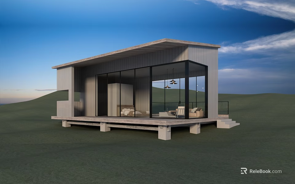 Modern Detached House With Large Glass Windows And Green Lawn Outdoor Deck 3d model 