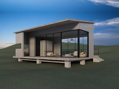 Modern Detached House With Large Glass Windows And Green Lawn Outdoor Deck 3d model