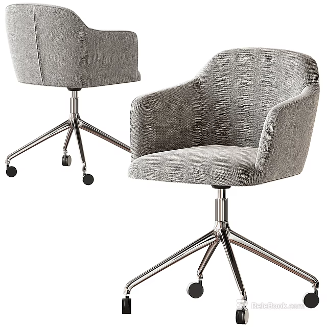 Gray Fabric Office Chair With Armrests Metal Base And Swivel Rolling Wheels 3d model 