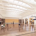Spacious Indoor Basketball Court With Wooden Flooring Skylights And People Playing
