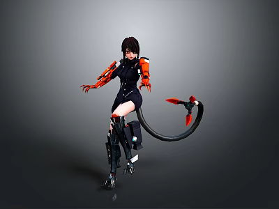 Futuristic Female Character In Black Outfit With Orange Mechanical Arms And Tail On Gray Background 3d model