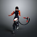 Futuristic Female Character In Black Outfit With Orange Mechanical Arms And Tail On Gray Background