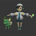 Woman Cartoon Character Wearing White Hat And Jacket Holding Green Leaf With Green Pig Companion