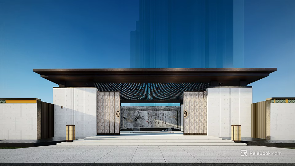 Modern Entrance Gate With Stone Walls Lattice Ceiling Steps And Flanking Pillars 3d model 