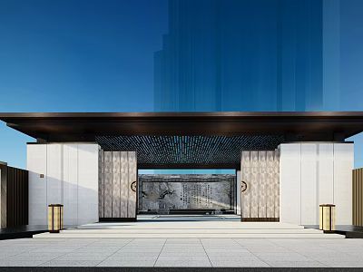 Modern Entrance Gate With Stone Walls Lattice Ceiling Steps And Flanking Pillars 3d model