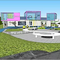 Colorful Children's Playground With Slide Trees Lawn And Pink Blue Building