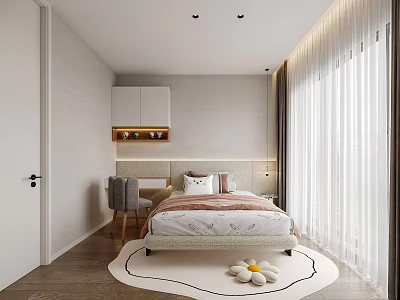 Kids Room Interior Design With Single Bed Study Desk Chair White Curtains And Decorative Rug 3d model