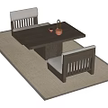Minimalist Wooden Tea Table and Chairs with White Cushions on Neutral Rug and Decorative Items