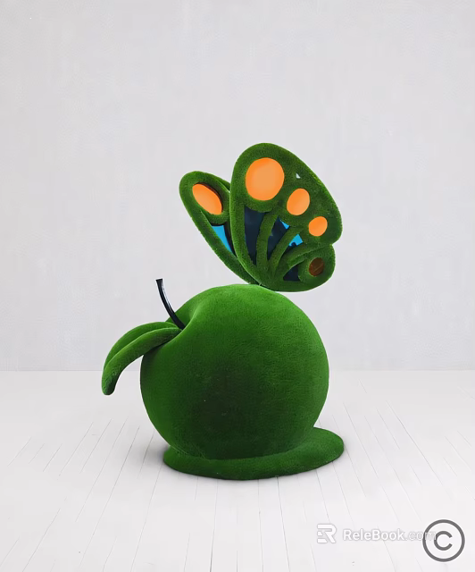 Unique Green Apple Shaped Decorative Ornament Set With Butterfly Decoration And Orange Blue Dots 3d model 