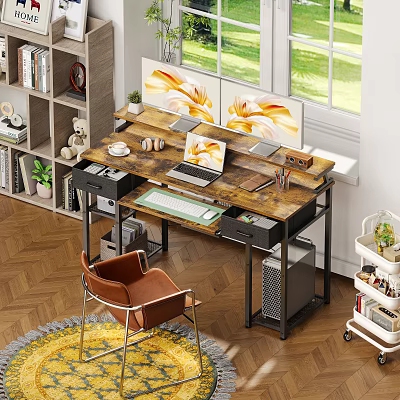 Cozy Home Office With Wooden Desk Dual Monitors Laptop Leather Chair Bookshelf And Plants 3d model