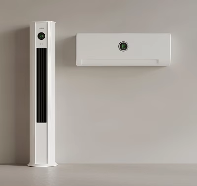 Modern White Tower and Wall Mounted Air Conditioner Fan with Control Panel and Sleek Design 3d model