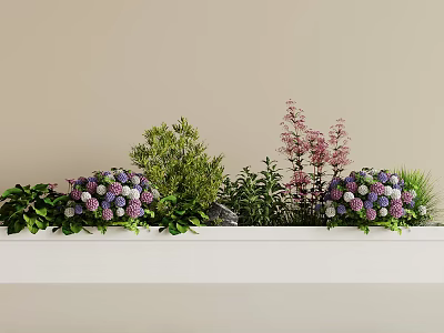 Vibrant Purple Pink Flowers and Green Foliage Decorative Arrangement on White Shelf 3d model