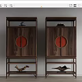 Chinese Style Wooden Entryway Side Cabinet with Circular Red Panels Decorative Top and Bottom Shelf