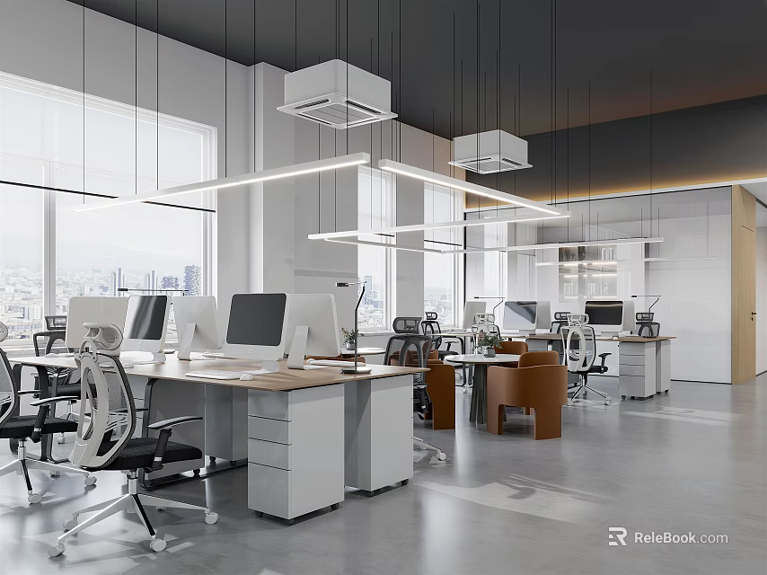 Modern Public Office Space With Workstations Computers Ergonomic Chairs Large Windows And Pendant Lights 3d model 