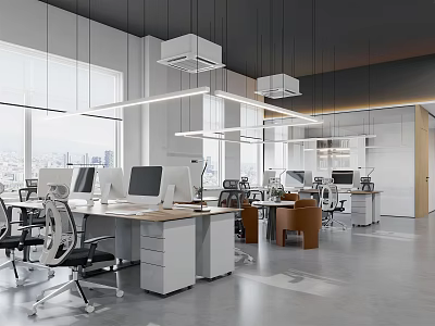 Modern Public Office Space With Workstations Computers Ergonomic Chairs Large Windows And Pendant Lights 3d model
