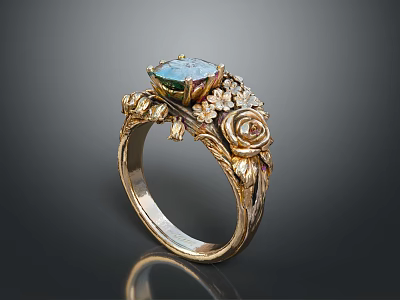 Elegant Gold Ring With Blue Green Gemstone Center Rose Design And Diamond Accents 3d model