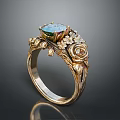 Elegant Gold Ring With Blue Green Gemstone Center Rose Design And Diamond Accents