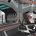 Modern Tech Style Cybercafe With Gaming Chairs Computer Monitors Neon Lights And Decorative Pillars