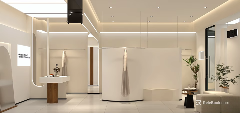Modern Clothing Store with Curved Display Wall Mirrors White Counter And Lighting 3d model 
