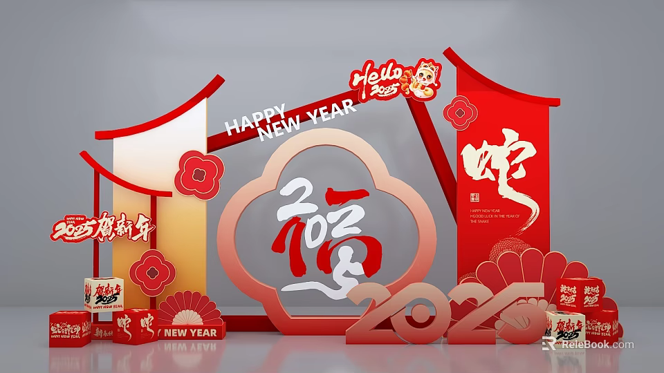 Chinese New Year Photo Spot With Traditional Red Decorations Fu Character And Snake Elements 3d model 
