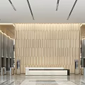 Modern Reception Desk In Lobby With Wooden Wall Panels And Marble Flooring