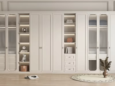 Modern White Wardrobe with Glass Doors Built-in Lighting Open Shelves and Drawers 3d model