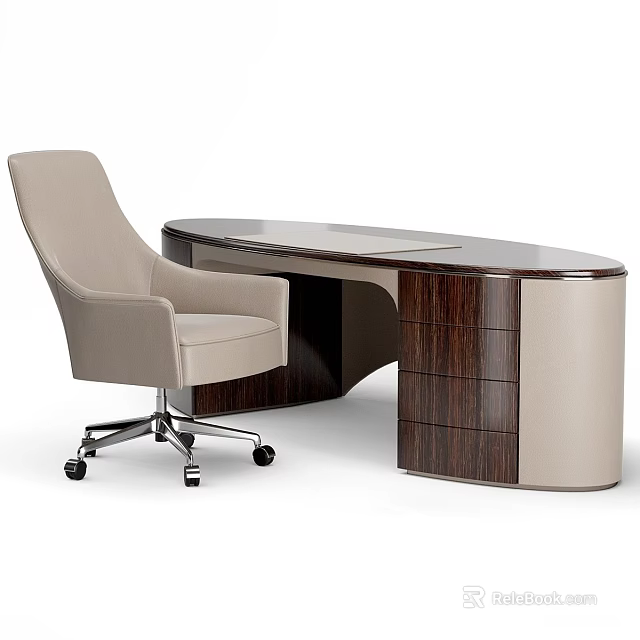 Modern Curved Office Desk With Wooden Drawers And Beige Wheeled Office Chair 3d model 