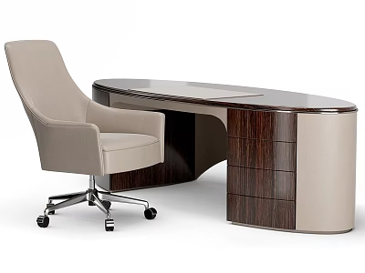Modern Curved Office Desk With Wooden Drawers And Beige Wheeled Office Chair 3d model