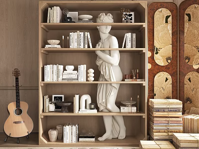 Stylish Decorative Cabinet Featuring Books Statue Bowls And Guitar Nearby 3d model