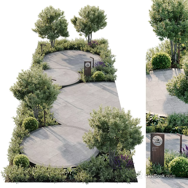 Charming Garden Ornaments With Circular Stone Paths Trees Bushes And Small Signpost 3d model