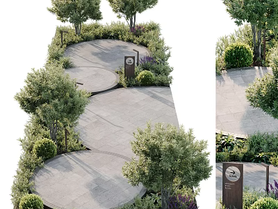 Charming Garden Ornaments With Circular Stone Paths Trees Bushes And Small Signpost 3d model